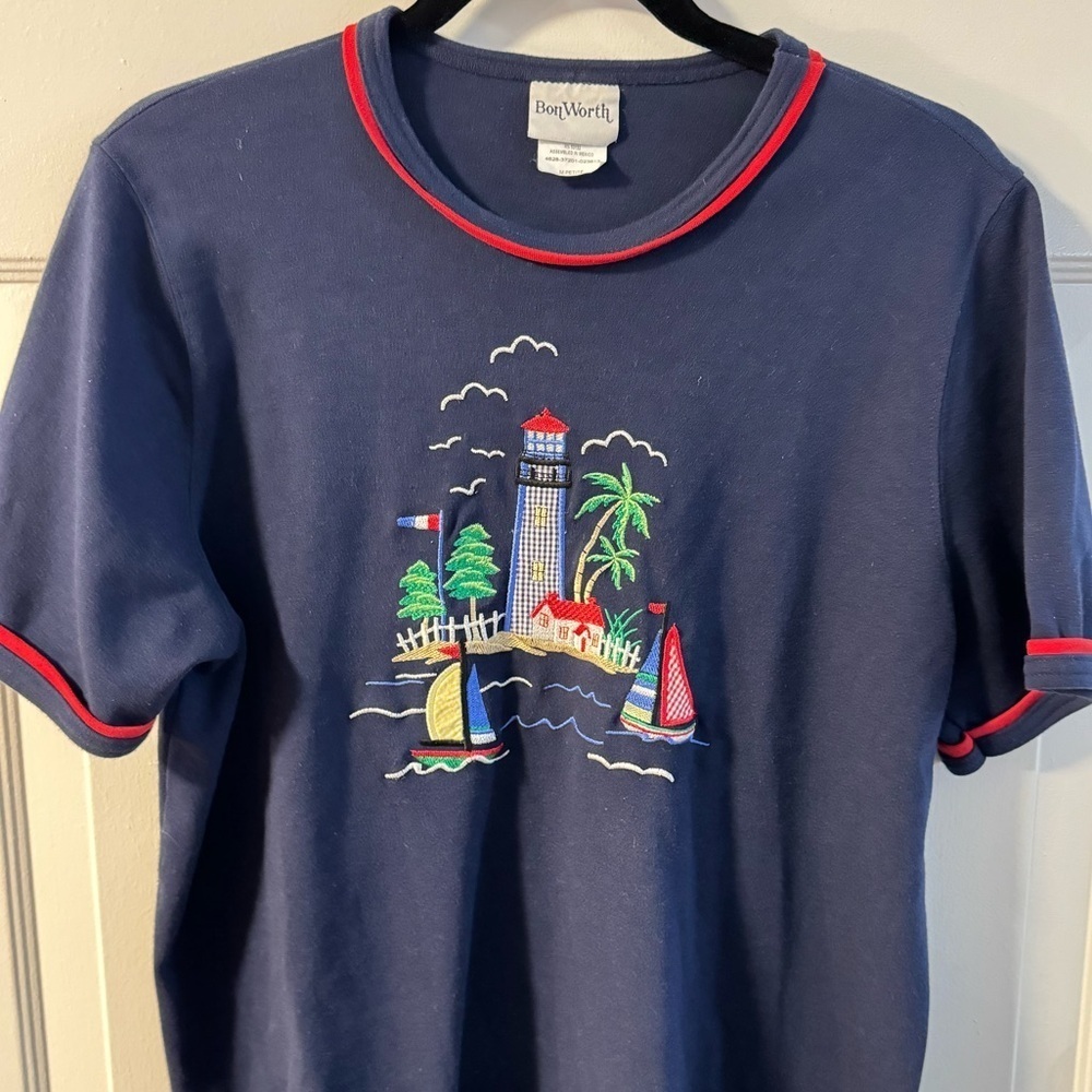 BonWorth VTG Nautical Coastal Grandma Embroidered Shirt Top Cottagecore Medium